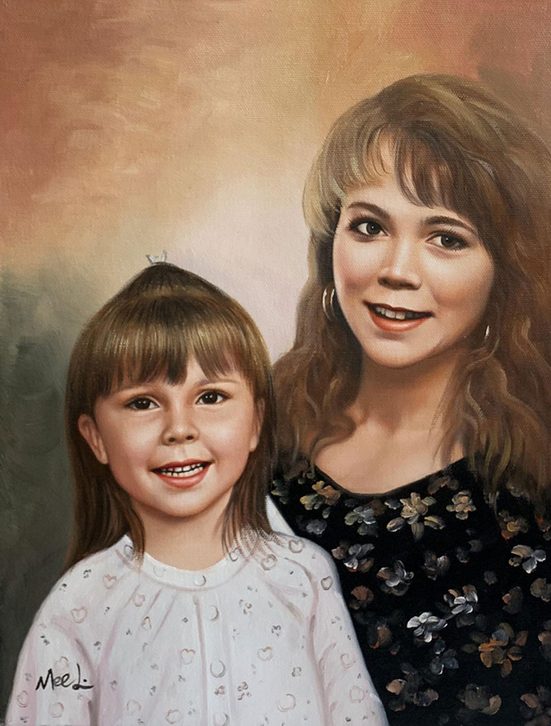 Oil painting portrait of a young girl and a young woman.