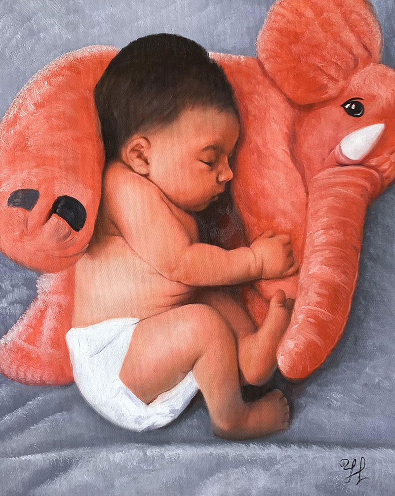 Gorgeous handmade oil painting of a newborn baby with a toy