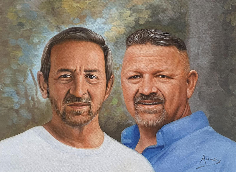 Painted portrait of two men.