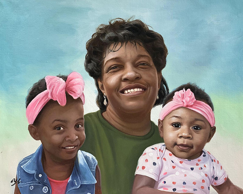 Custom handmade oil artwork of a lady with two children