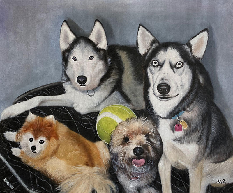 Painting of four dogs: two Siberian Huskies, a Pomeranian, and a small mixed breed, with a tennis ball.