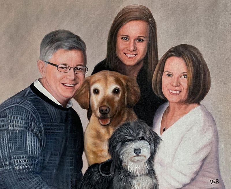 Beautiful family portrait with two pets in oil
