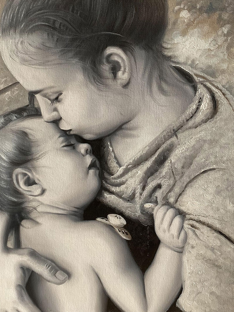 Monotone painting of a mother kissing her sleeping baby on the forehead.