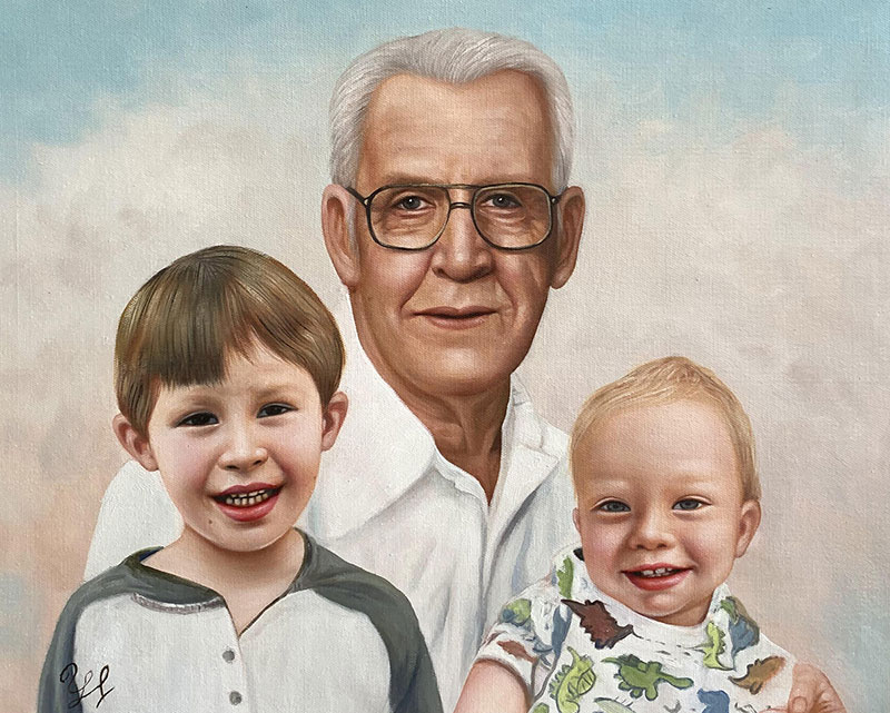 Custom handmade oil painting of a grandfather and gran kids