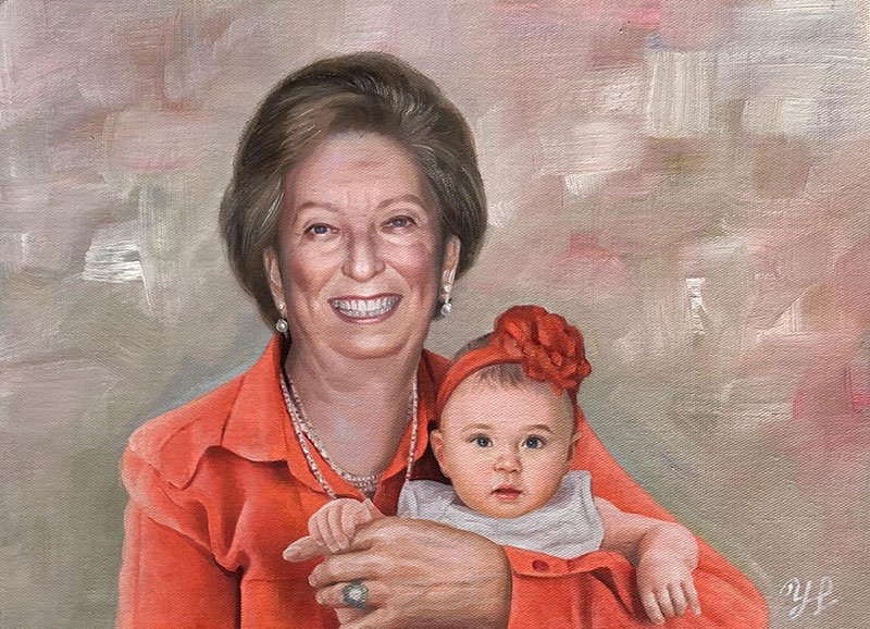Beautiful oil artwork of a grandmother and a granchild