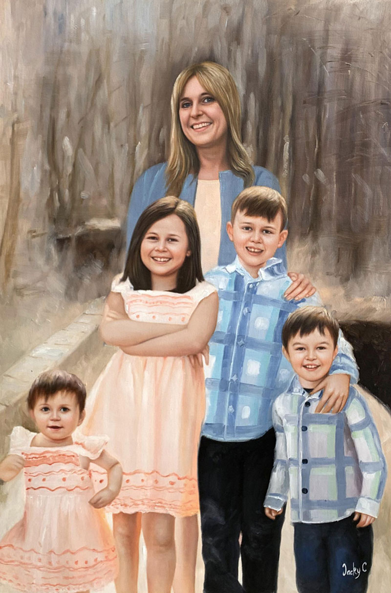 Oil painting of a mother and her three children.