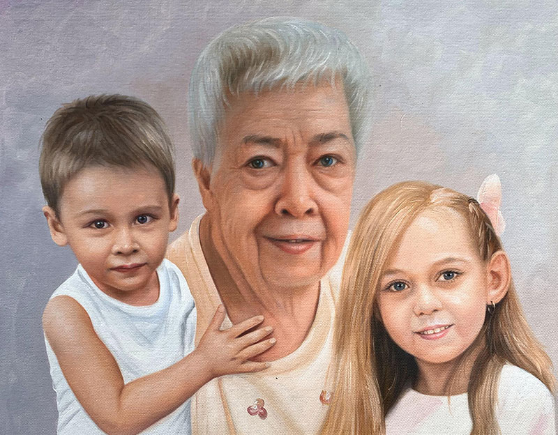 Beautiful oil painting of a grandmother with granchildren