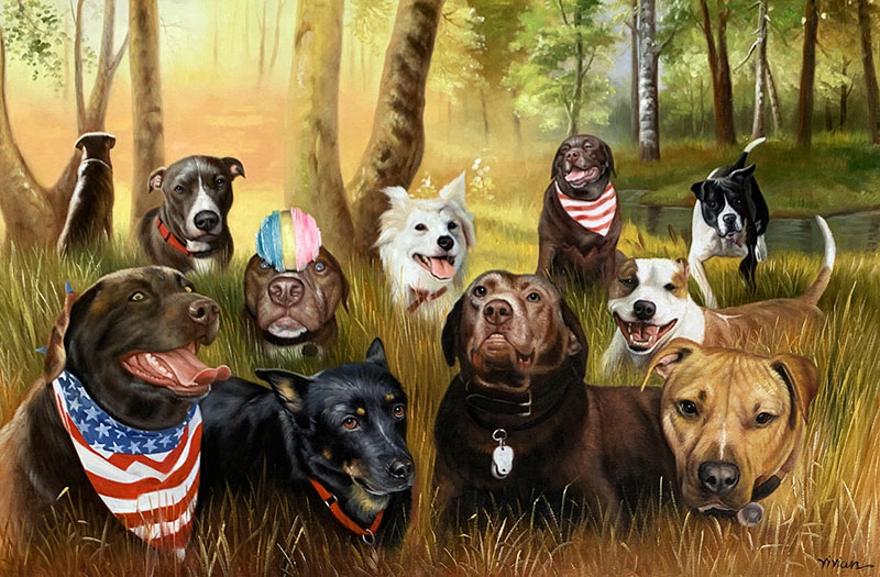 Painting of many dogs in a grassy woodland setting.