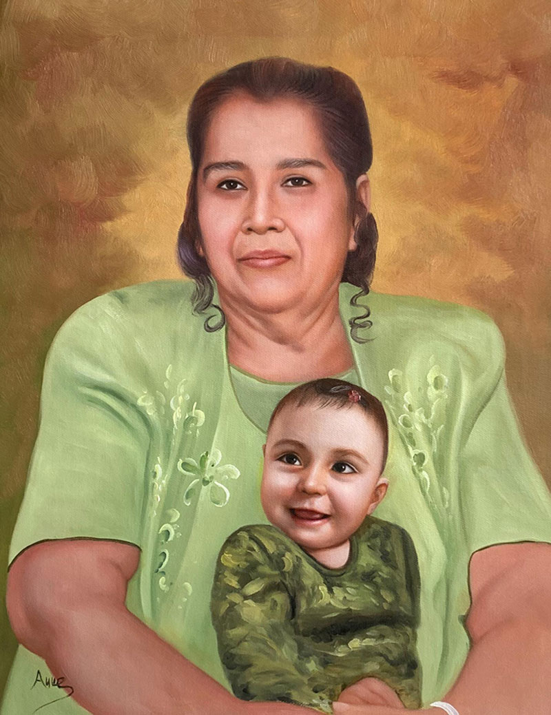 Beautiful oil artwork of a grandmother with a grandchild 