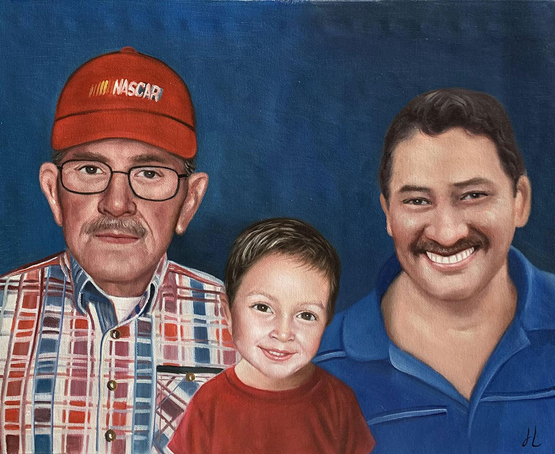 Painting of an older man in a NASCAR hat, a younger man, and a young boy.