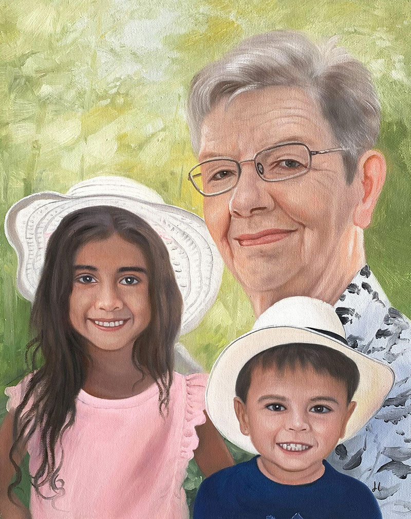 Custom oil artwork of a grandfather and grandchildren