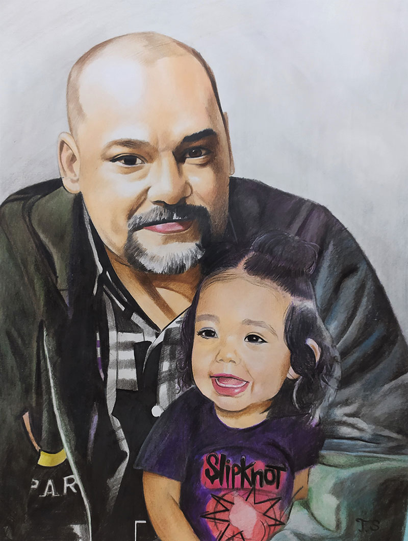 Custom color pencil drawing of a grandfather and a child