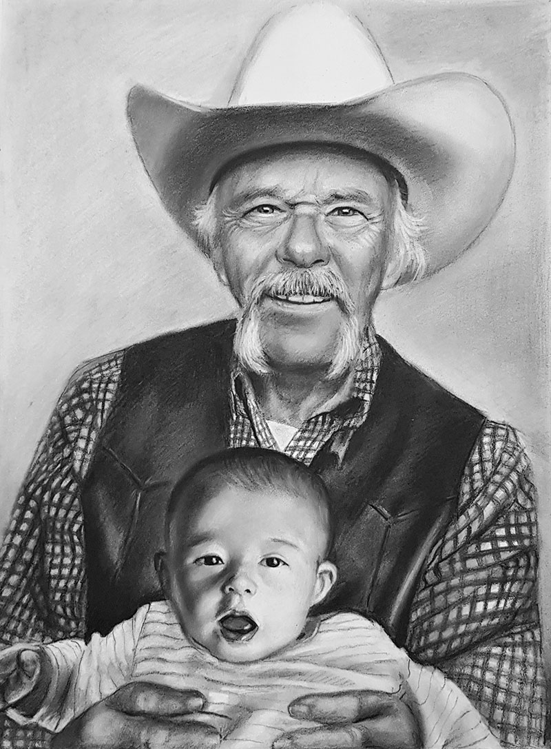 Gorgeous charcoal drawing of a grandfather and chilld