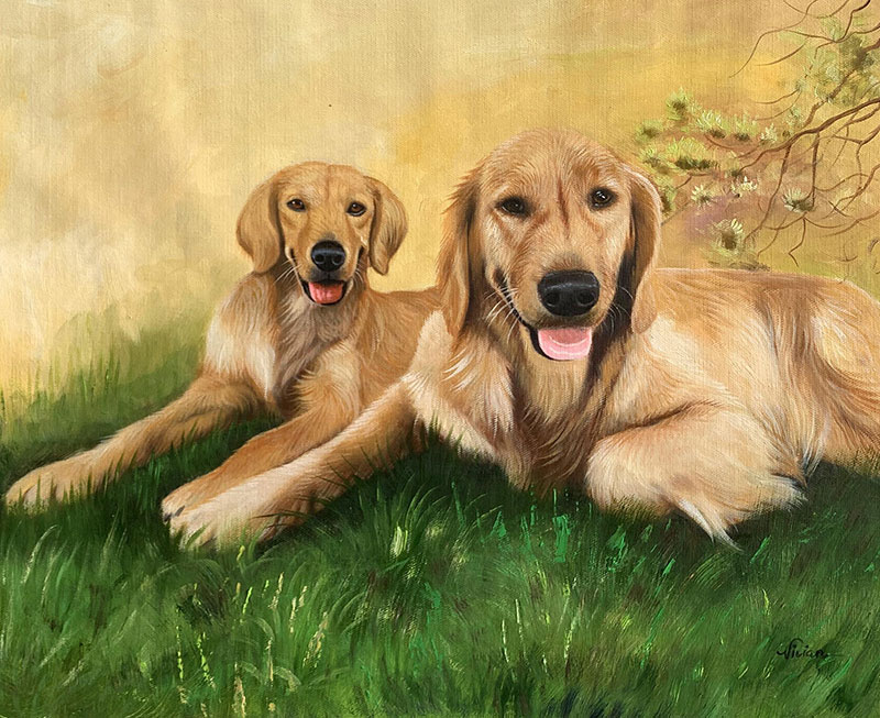 Painting of two Golden Retrievers lying in the grass.