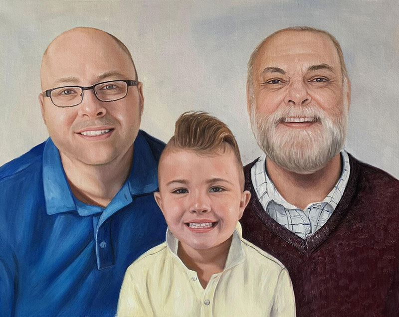 Painted portrait of three generations of a family: a father, son, and grandfather.