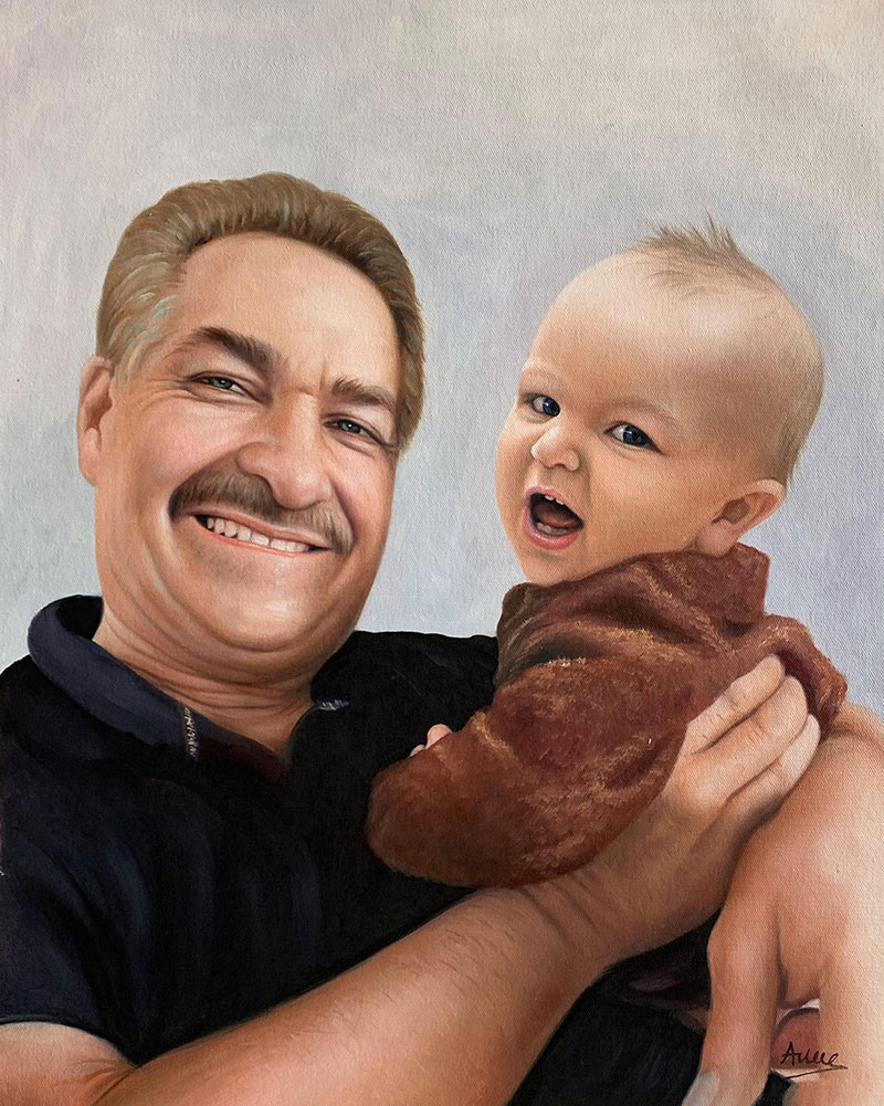 Custom oil painting of a grandfather and a baby