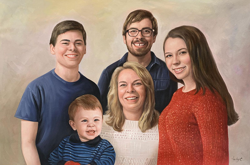 Painted portrait of a family: two teenage children, their parents, and a toddler.