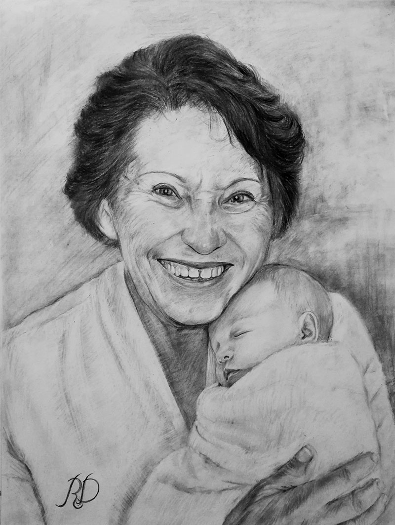 Beautiful charcoal drawing of a grandmother holding a baby