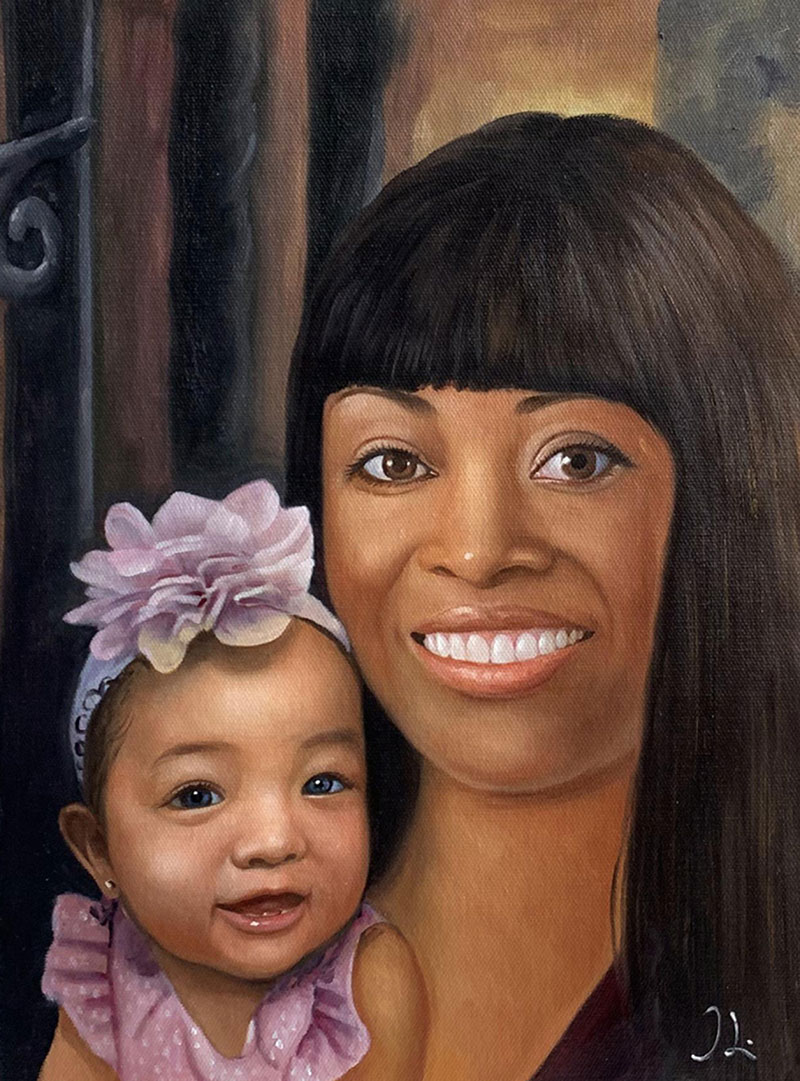 Beautiful oil painting of a mother and daughter