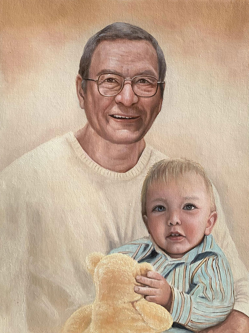 Custom oil painting of a grandfather and a grandson