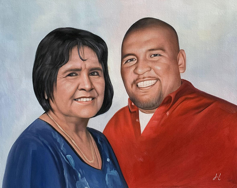 Beautiful oil painting of a mother and son