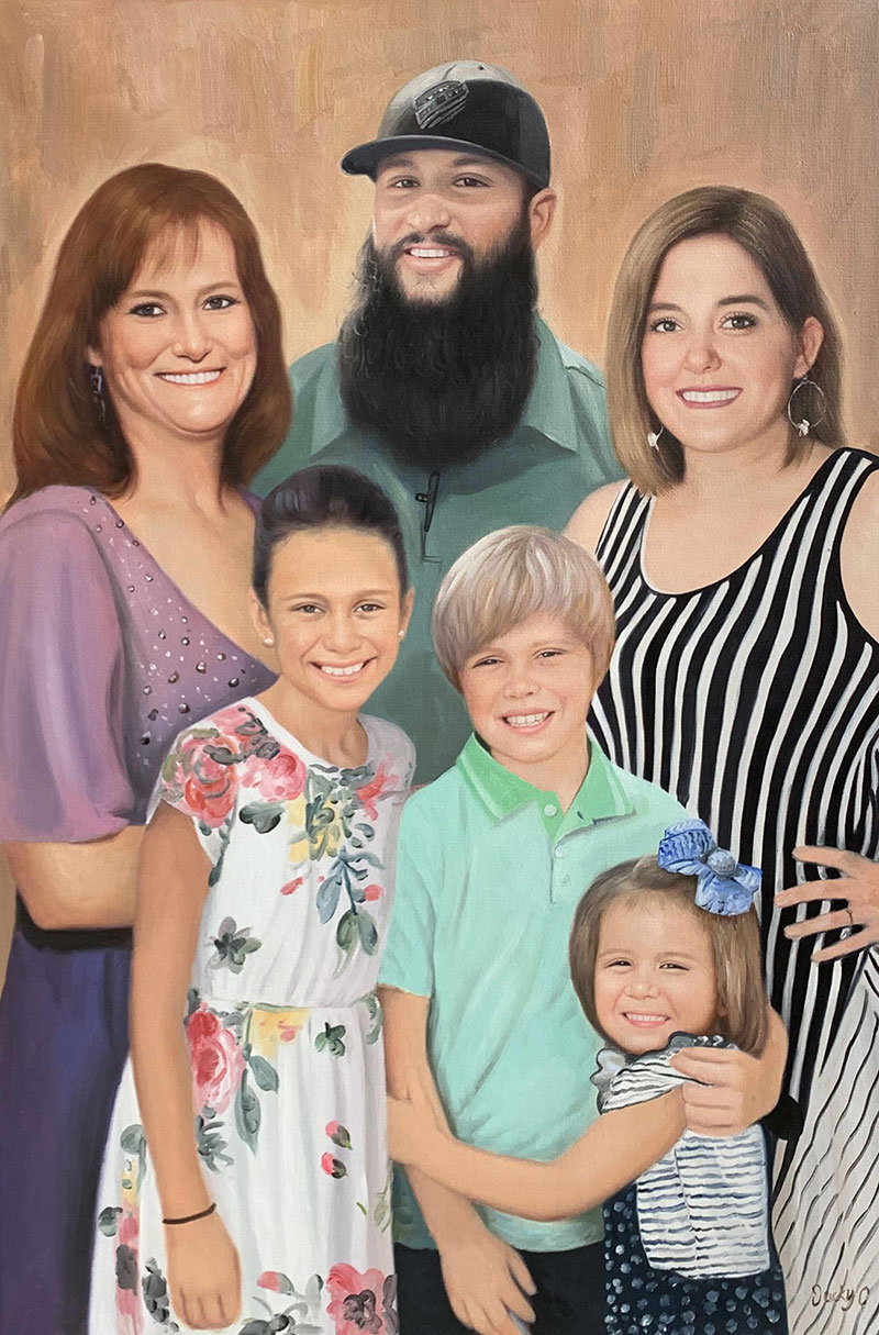Oil painting of a family portrait: two women, a man with a beard wearing a baseball cap, and three children.