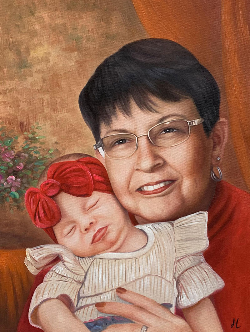 Oil painting of a grandmother holding a sleeping baby.
