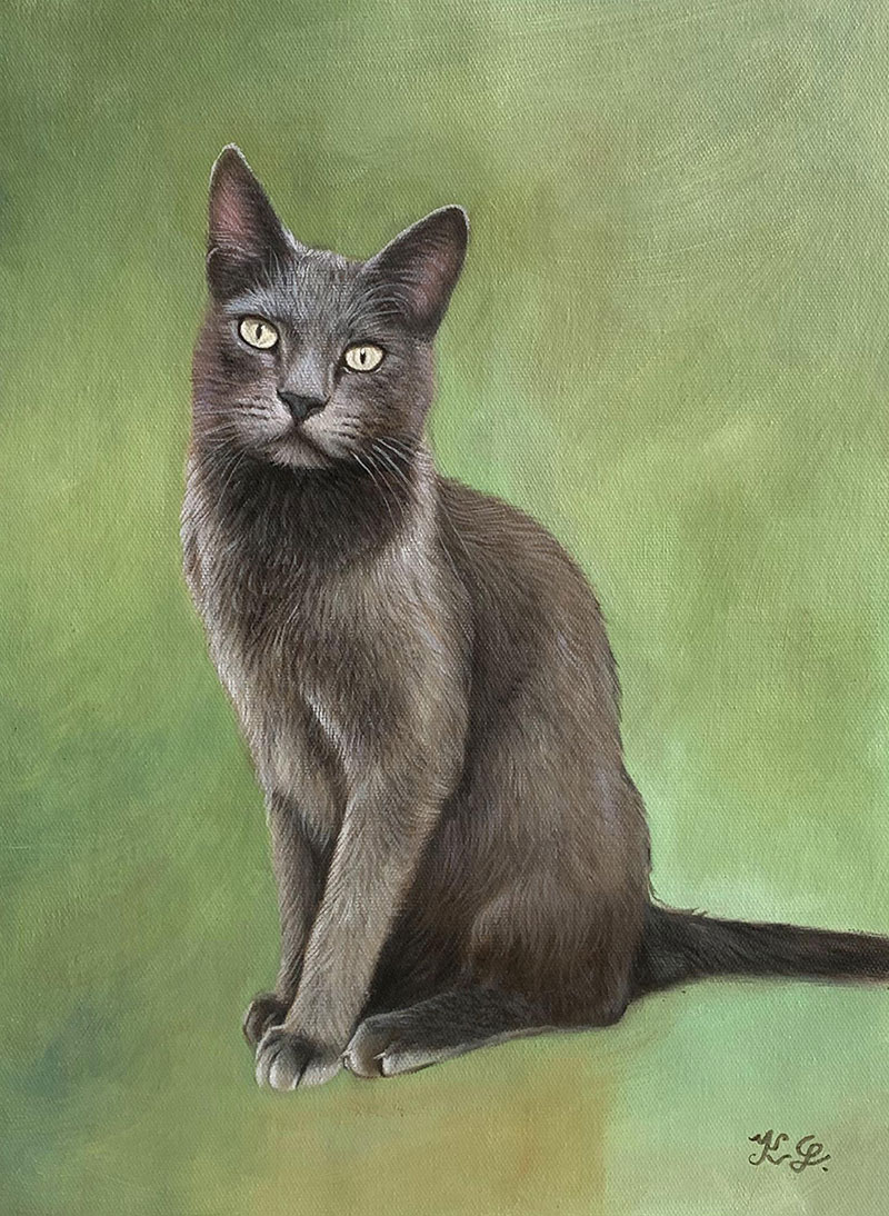Beautiful oil painting of a cat with a green background