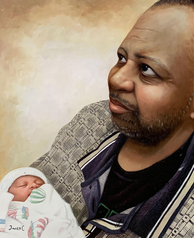 Beautiful handmade oil painting of a father holding a baby