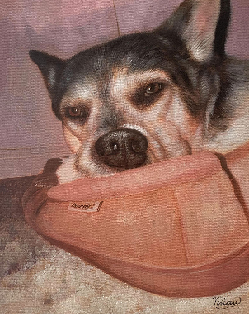 Painting of a dog resting its head on a pink slipper.
