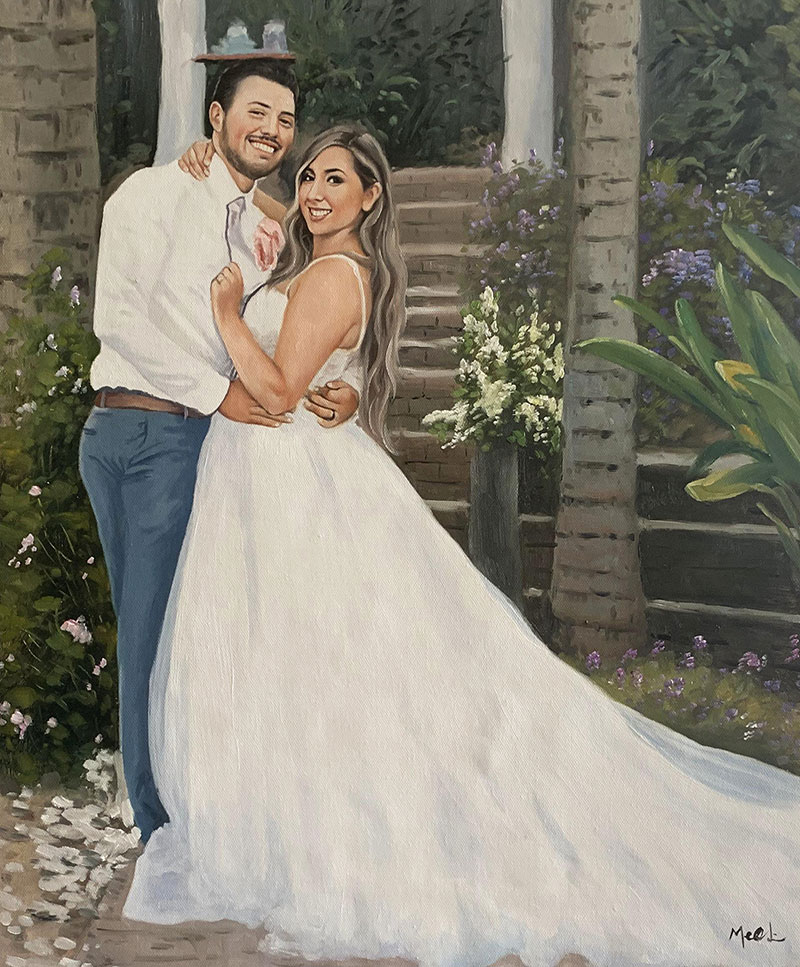 Gorgeous handmade oil painting of a bride and a groom