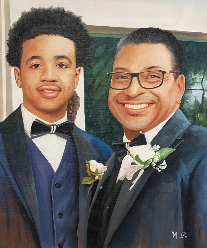 Painted portrait of a father and son in formal wear.