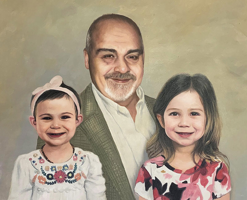 Custom oil portrait of a grandfather with two grandchildren