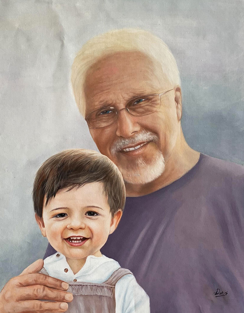 Painting of an older man with glasses and a toddler.