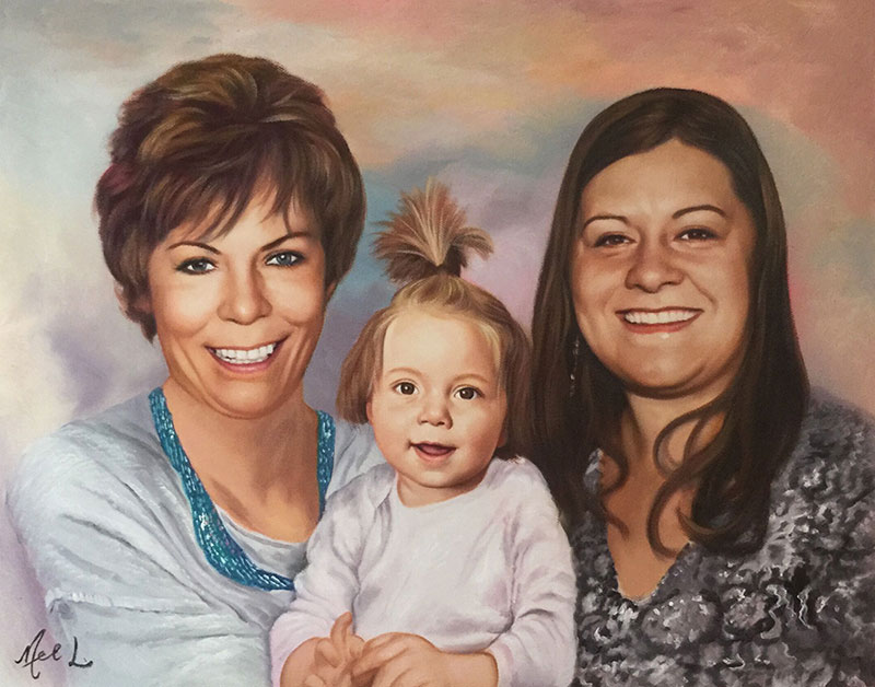 Beautiful oil painting of two adults and a little girl