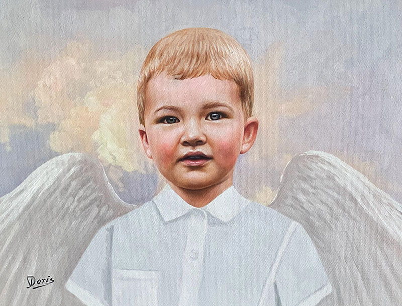 Painting of a young boy with angel wings