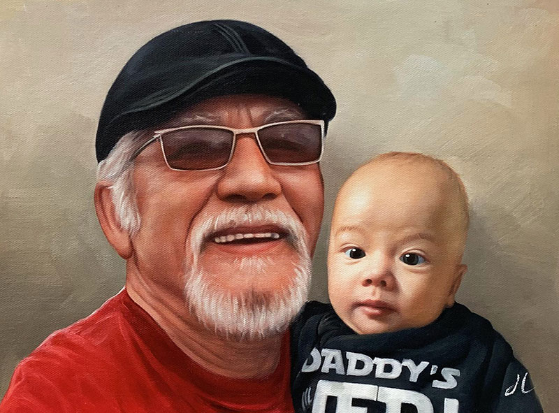 Painting of a grandfather and his baby grandson.