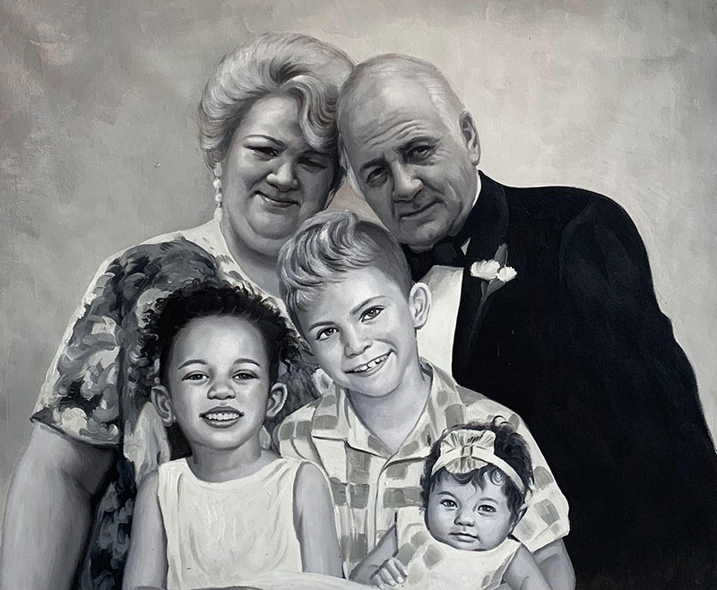 Beautiful oil painting of grandparents with grandchildren