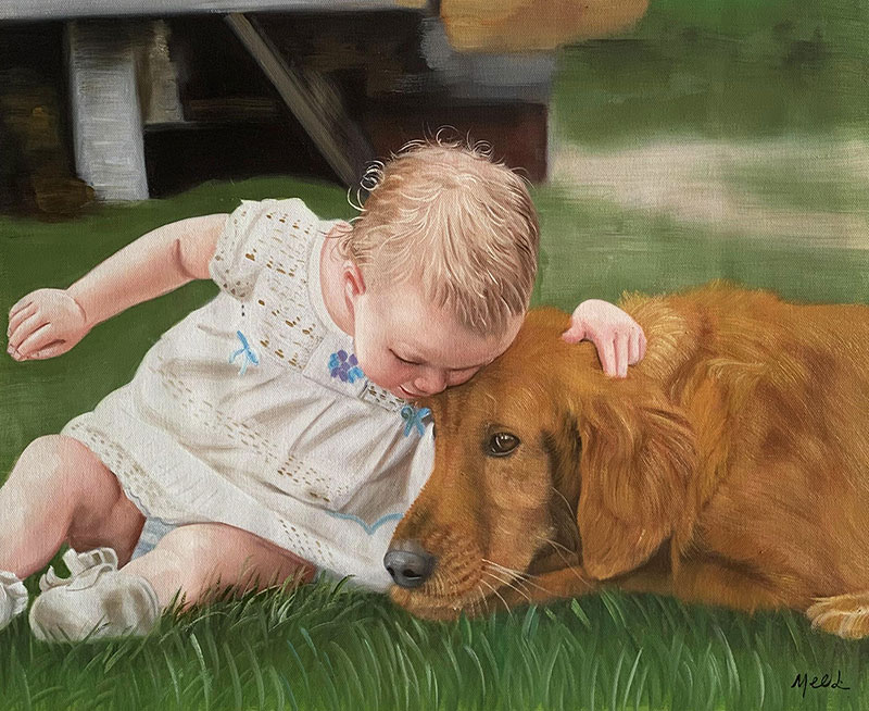 Custom handmade oil painting of a baby with a dog