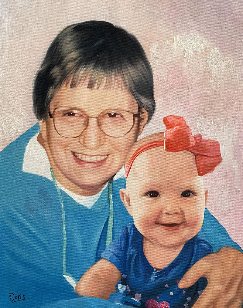 Painting of a woman in glasses holding a baby girl wearing a red bow.