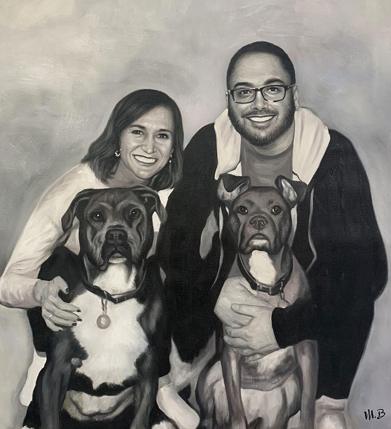 Beautiful black and white painting of a couple with two dogs