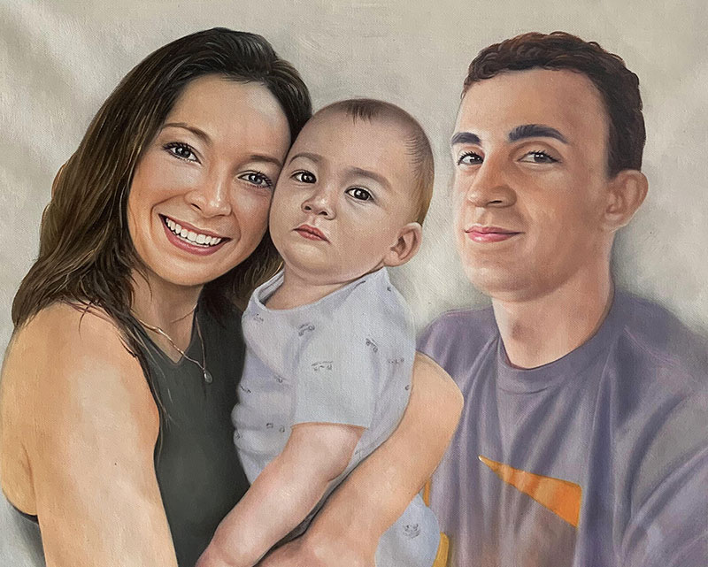 Custom handmade oil artwork of parents with a baby