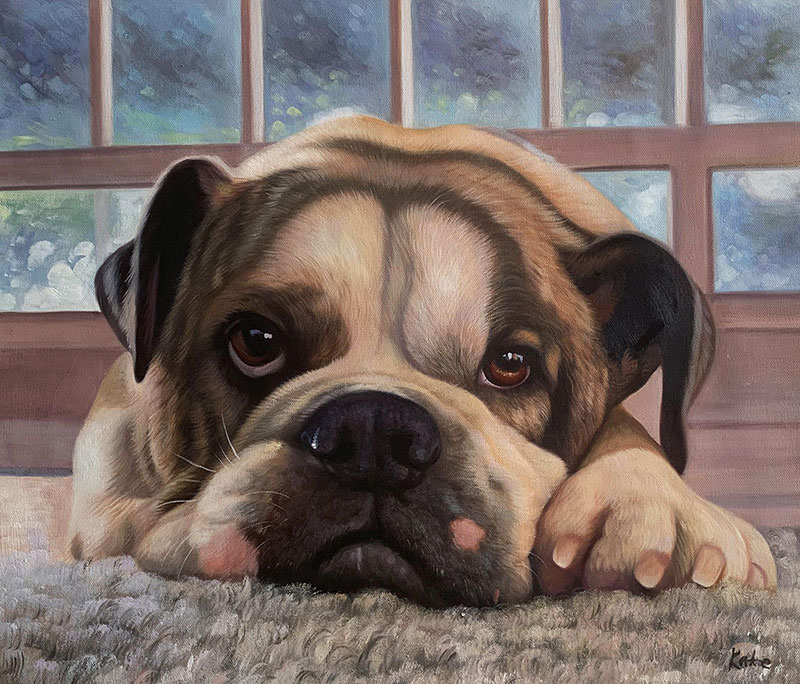 Painting of a bulldog resting its head and paw on a rug, looking at the viewer.