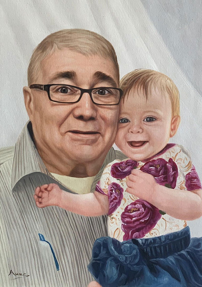 Painting of an older man with glasses holding a baby girl wearing a floral dress.