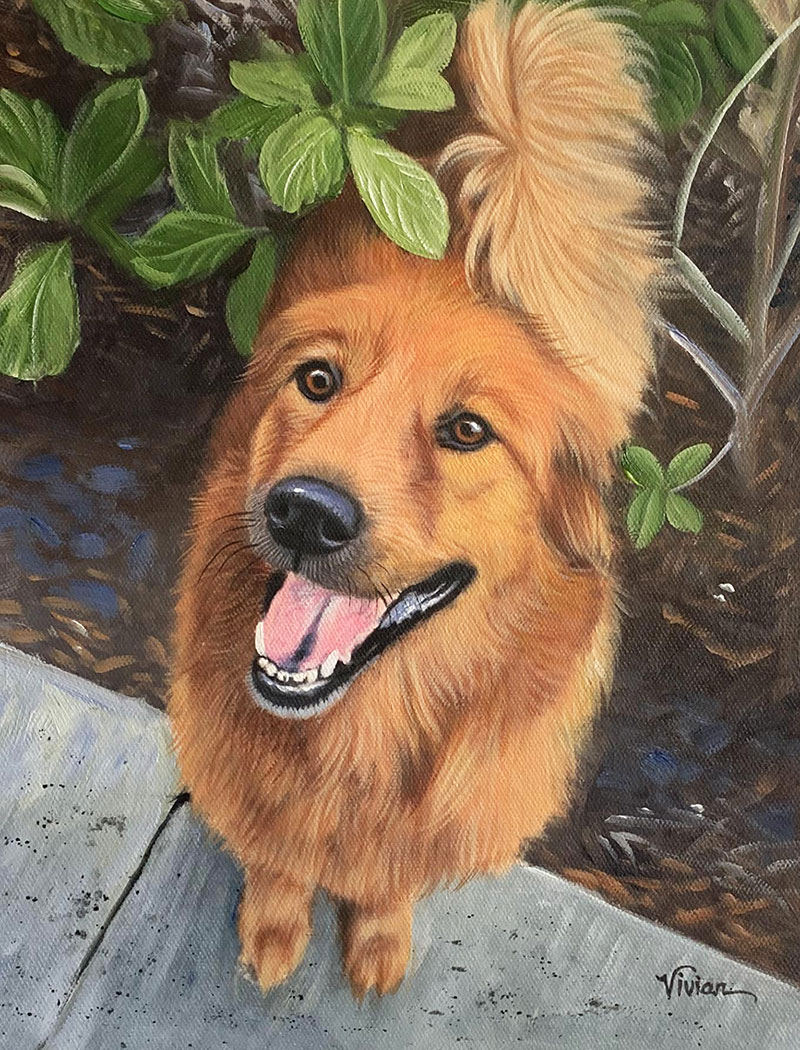 Painting of a happy, light brown dog looking up.