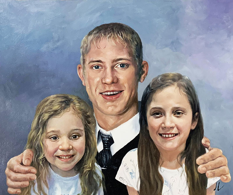Portrait painting of a man with two young girls