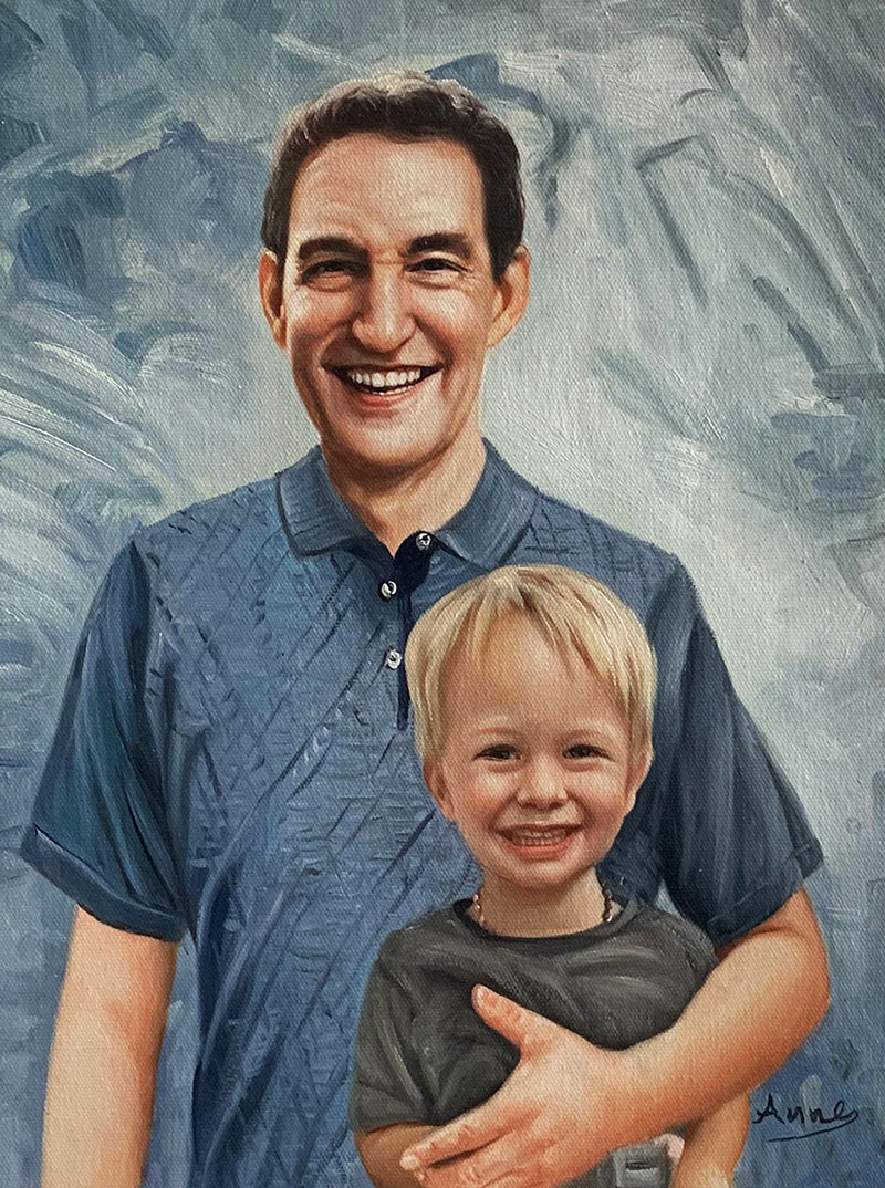 Painted portrait of a smiling man and a toddler, the man`s arm around the child.