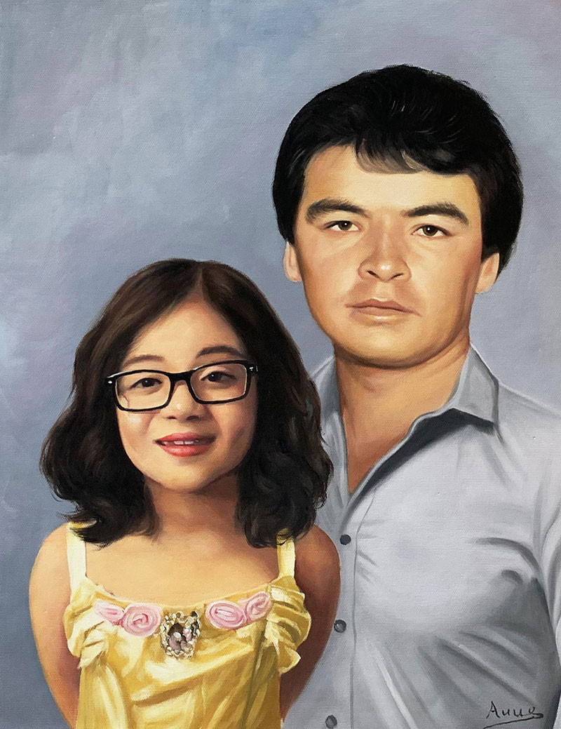 Painting of a man and a girl wearing glasses in yellow dress.