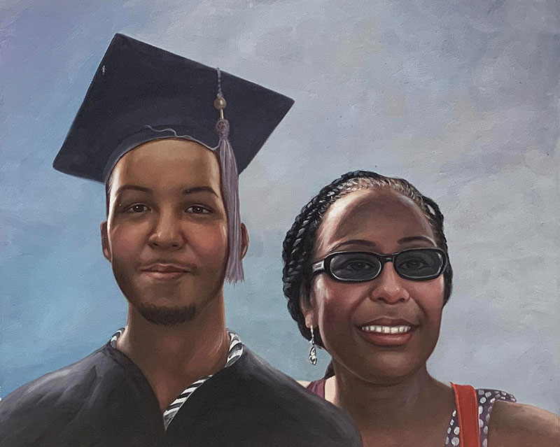 Painted portrait of a young graduate and his mother.