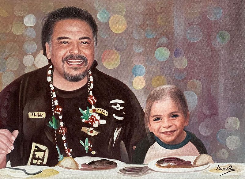 Painting of a smiling man with a girl at a table.